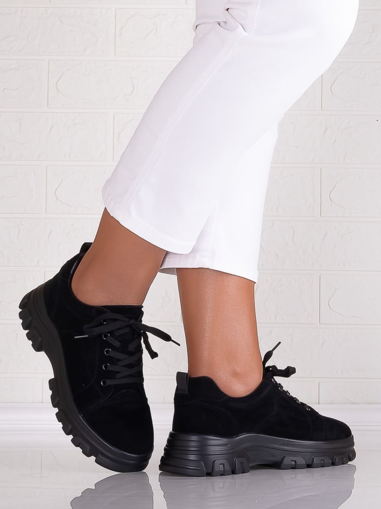 Pantofi dama casual Negri din Piele Naturala Intoarsa Alisma