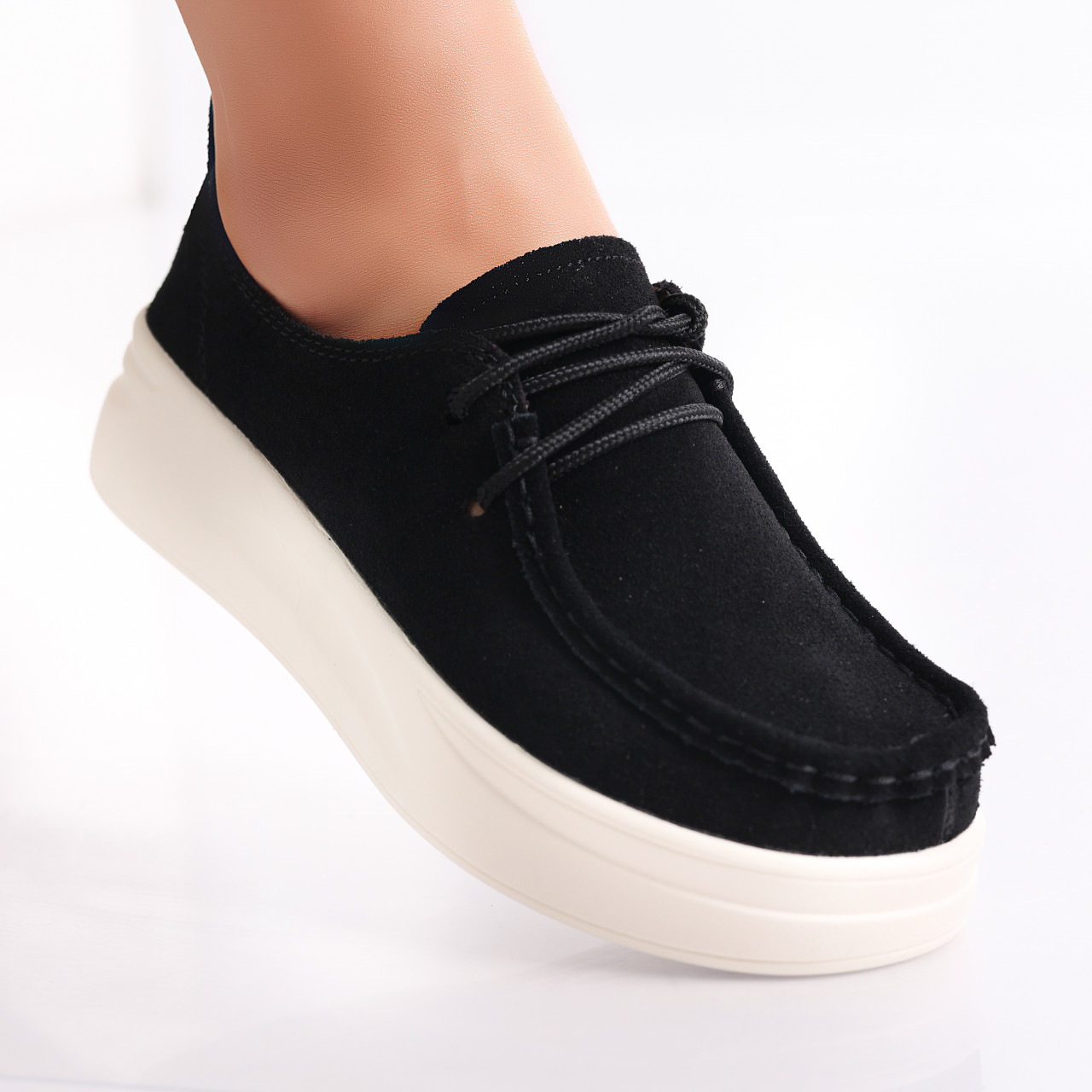 Pantofi dama casual Negri din Piele Naturala Intoarsa Derina - poza 2