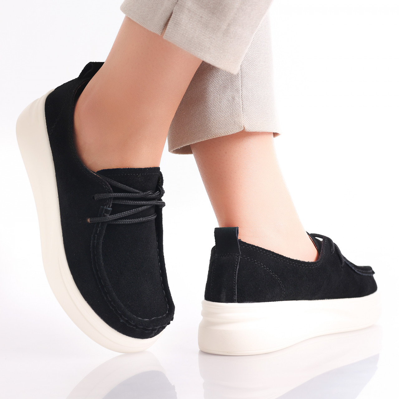 Pantofi dama casual Negri din Piele Naturala Intoarsa Derina - poza 3