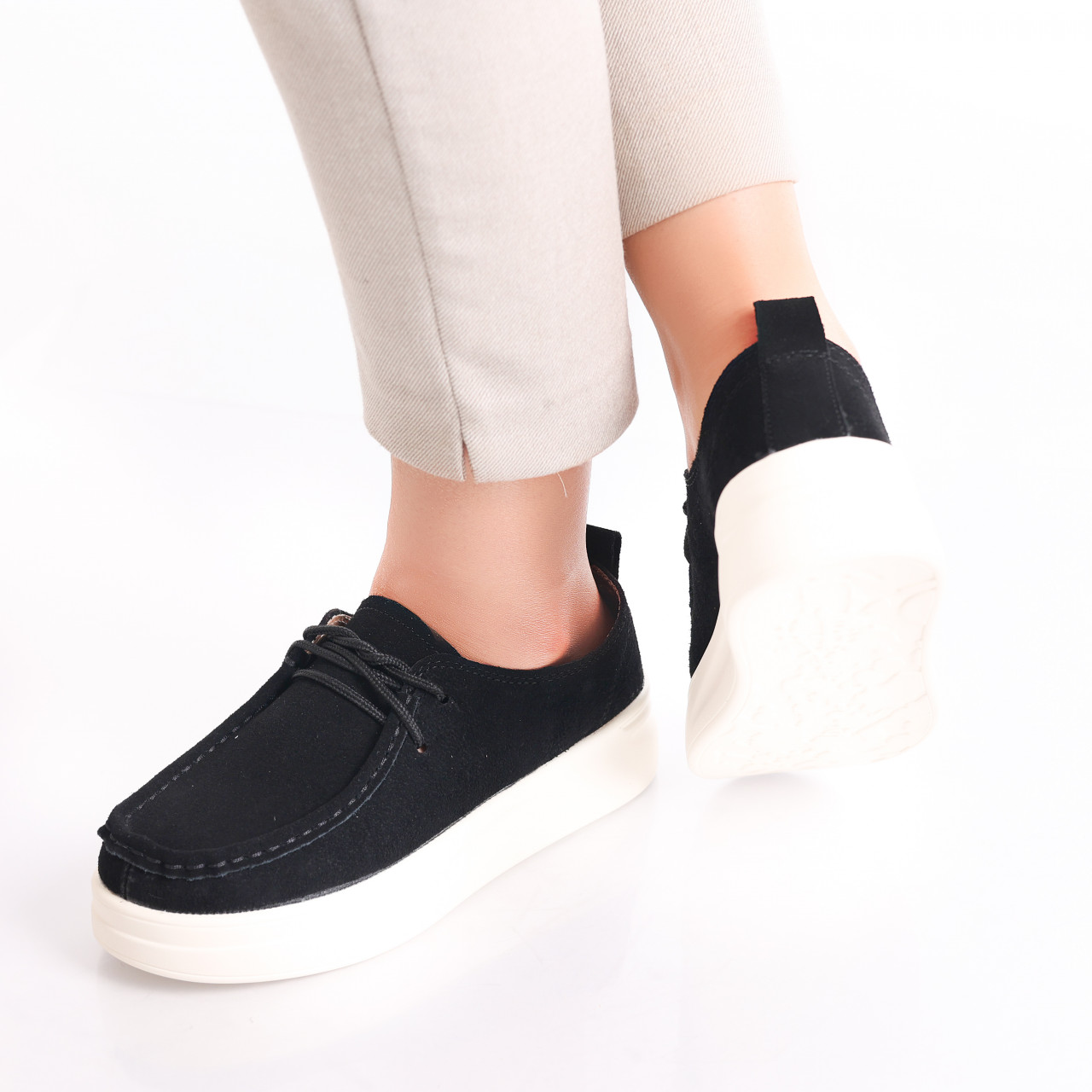 Pantofi dama casual Negri din Piele Naturala Intoarsa Derina - poza 4
