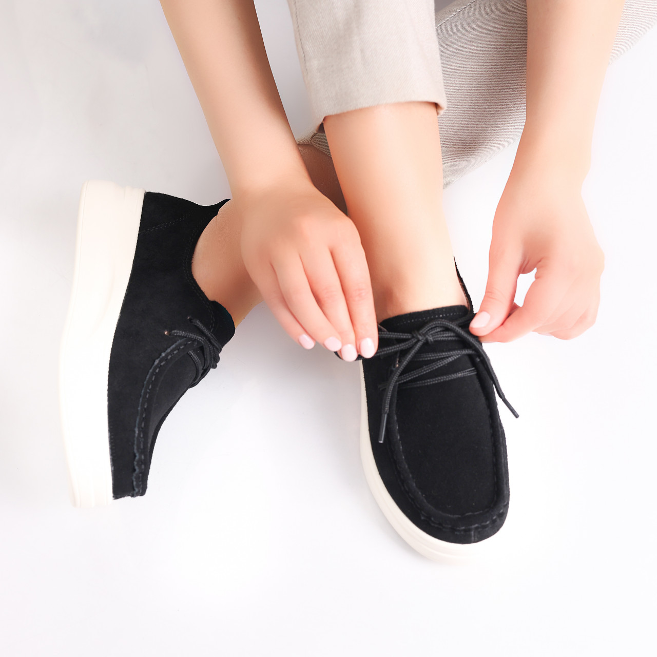 Pantofi dama casual Negri din Piele Naturala Intoarsa Derina - poza 5