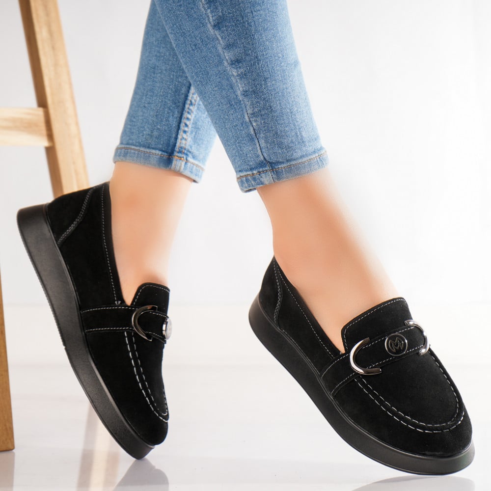 Pantofi dama casual Negri din Piele Naturala Intoarsa Emma - poza 1