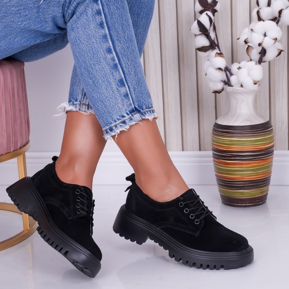 Pantofi dama casual Negri din Piele Naturala Intoarsa Ivonne - poza 1