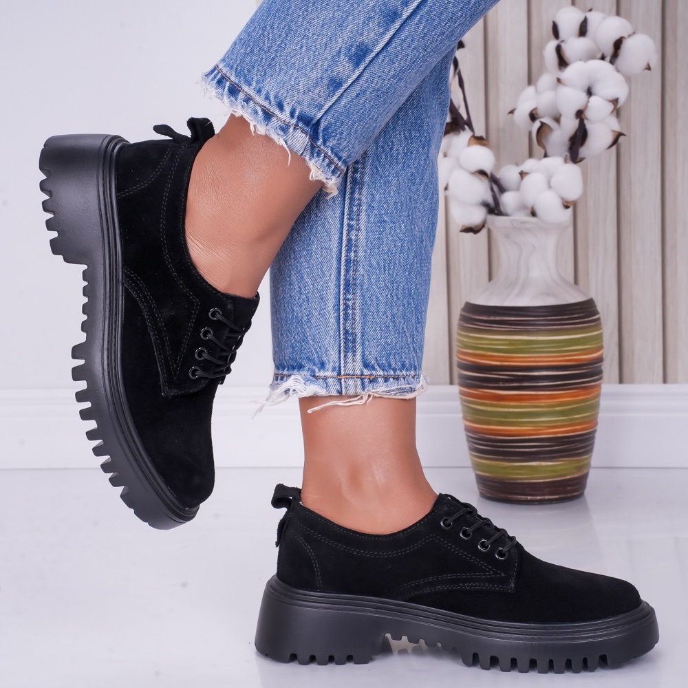 Pantofi dama casual Negri din Piele Naturala Intoarsa Ivonne - poza 2