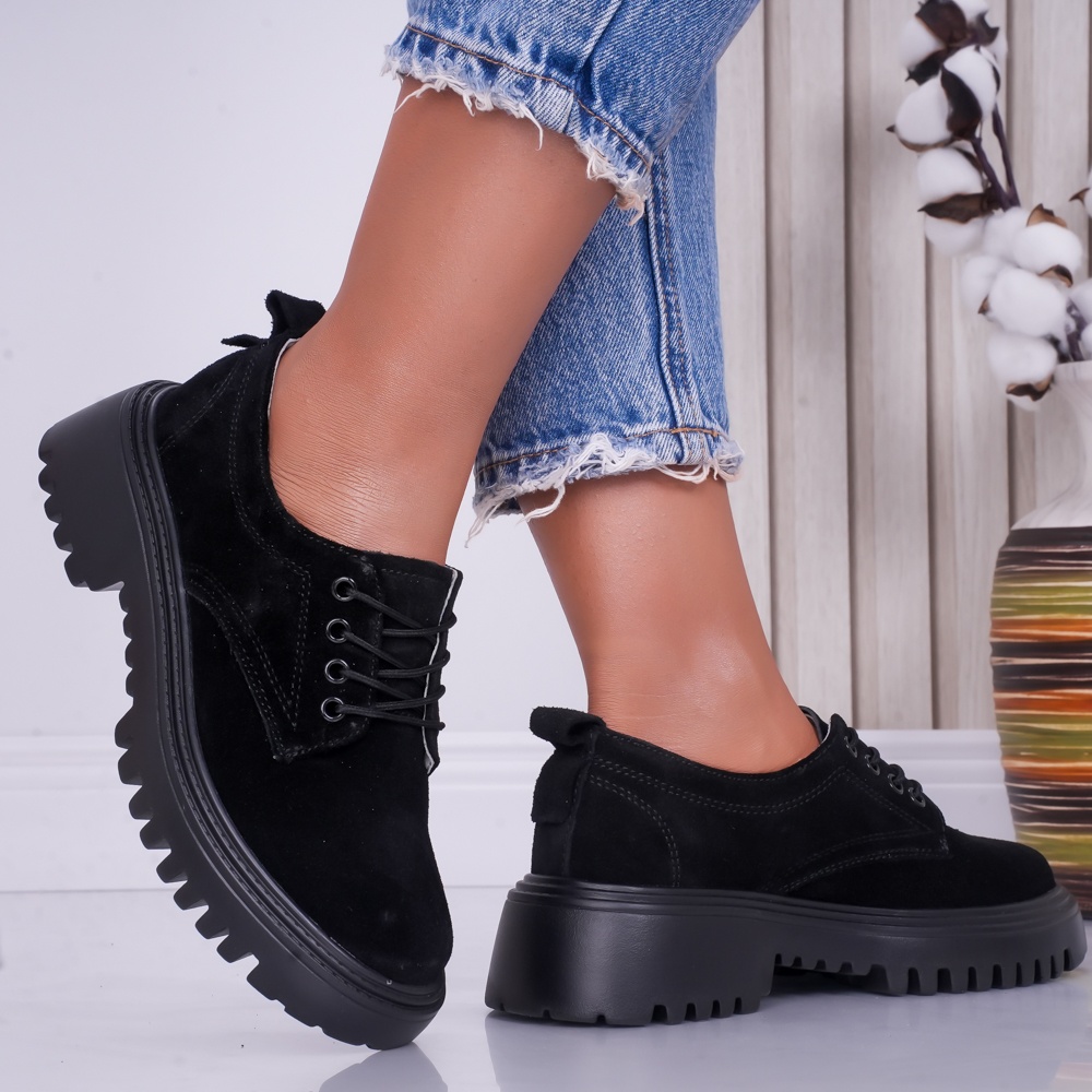 Pantofi dama casual Negri din Piele Naturala Intoarsa Ivonne - poza 3