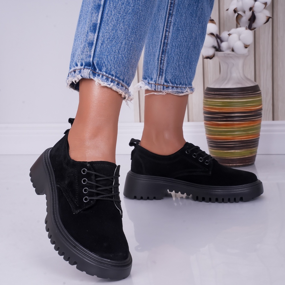 Pantofi dama casual Negri din Piele Naturala Intoarsa Ivonne - poza 4