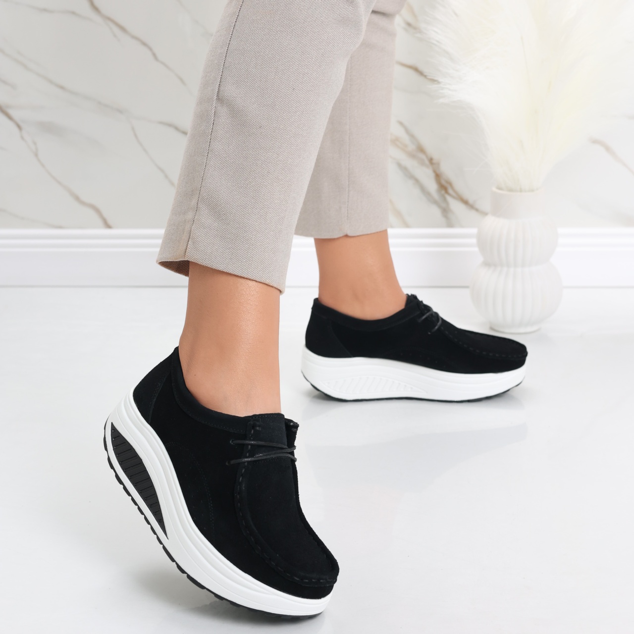 Pantofi dama casual Negri din Piele Naturala Intoarsa Oscara - poza 2