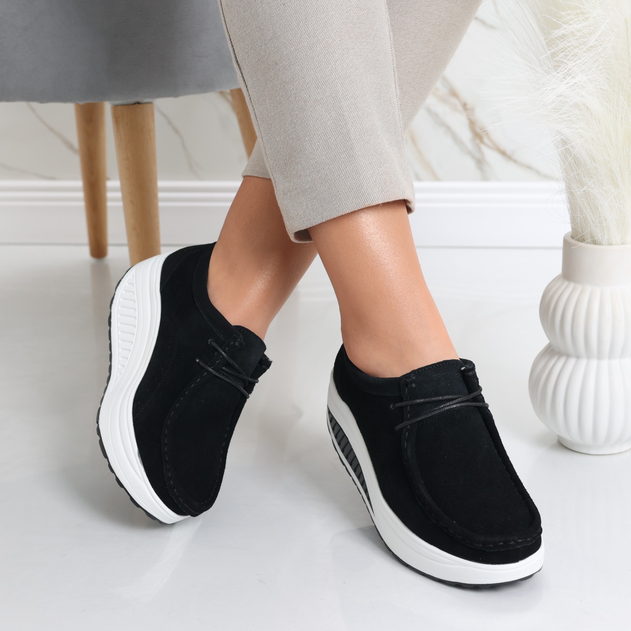 Pantofi dama casual Negri din Piele Naturala Intoarsa Oscara - poza 3