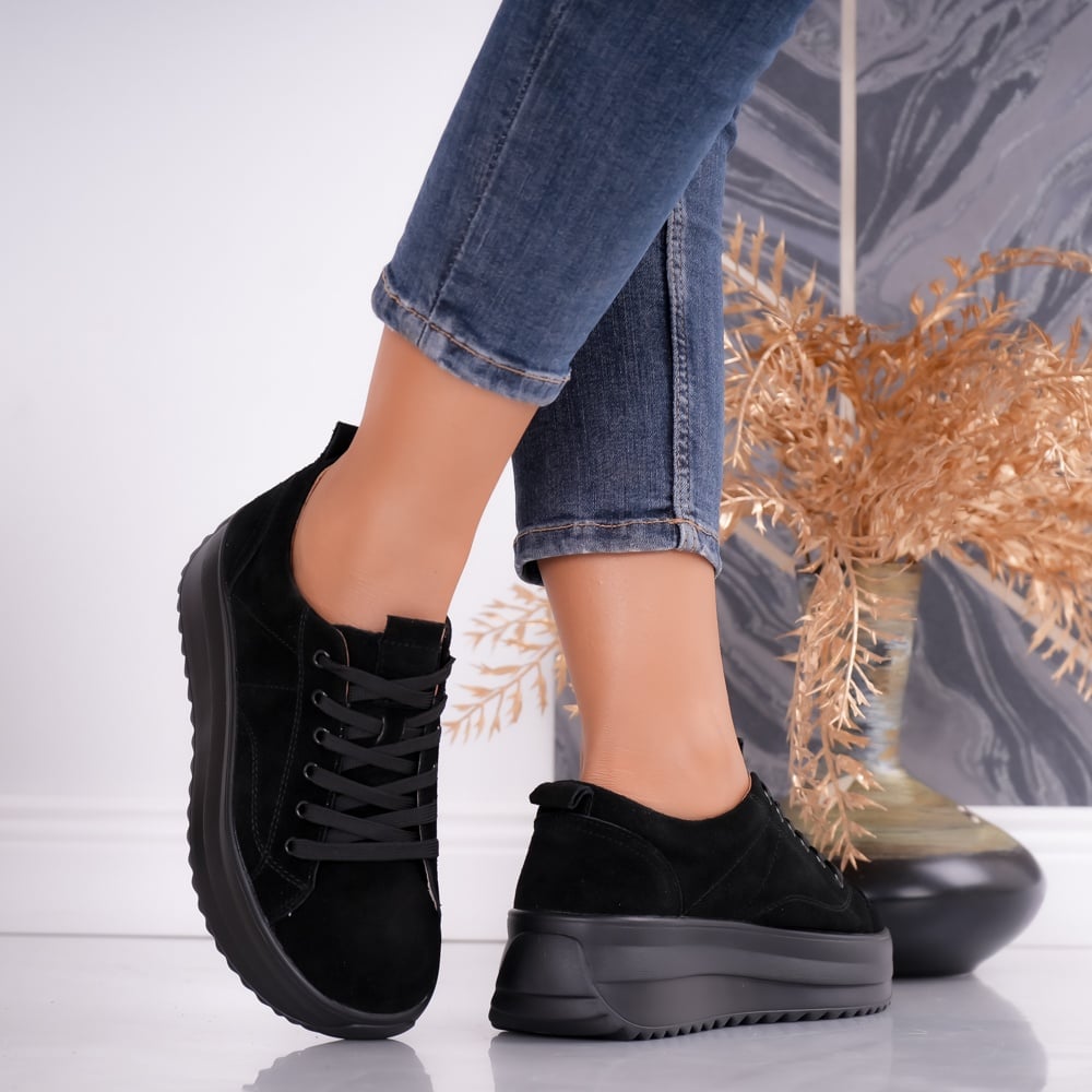 Pantofi dama casual Negri din Piele Naturala intoarsa Shula - poza 1