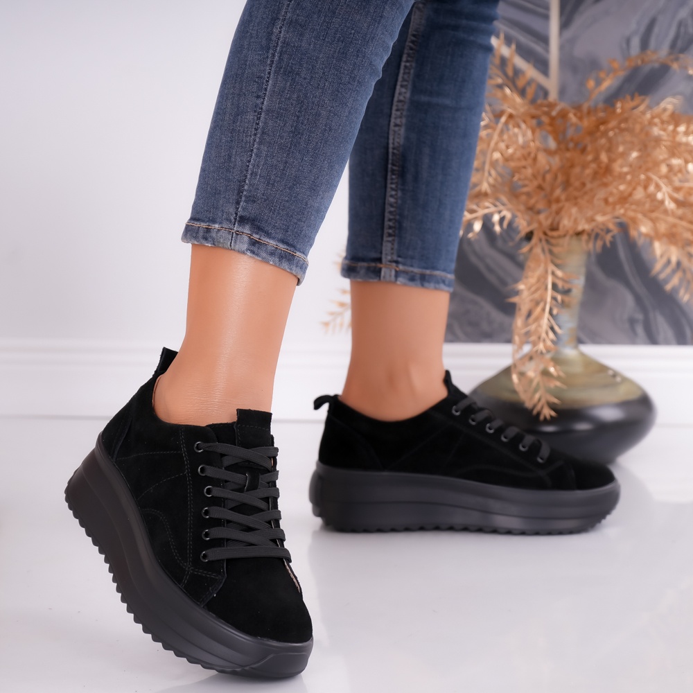 Pantofi dama casual Negri din Piele Naturala intoarsa Shula - poza 2