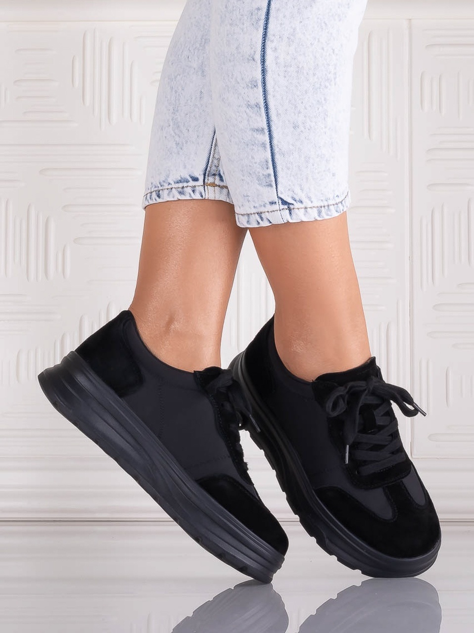 Pantofi dama casual Negri din Piele Naturala Intoarsa si textil Narella - poza 2