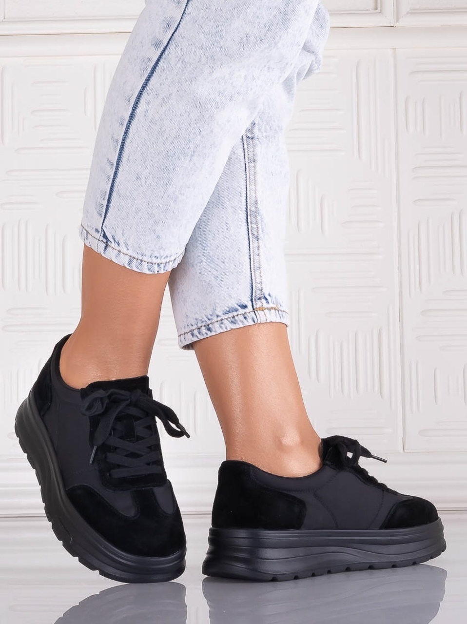 Pantofi dama casual Negri din Piele Naturala Intoarsa si textil Narella - poza 3