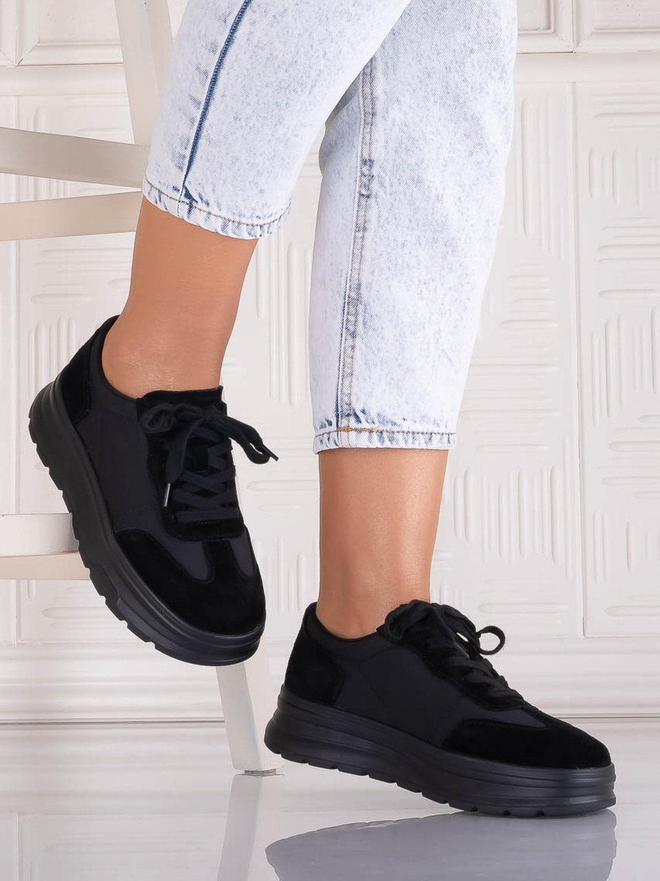 Pantofi dama casual Negri din Piele Naturala Intoarsa si textil Narella - poza 4