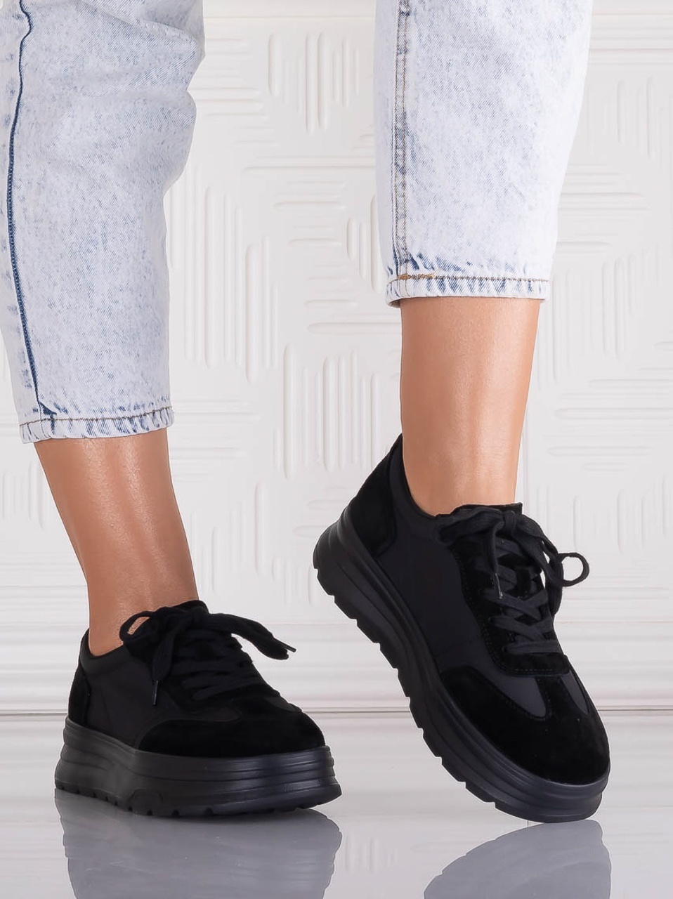 Pantofi dama casual Negri din Piele Naturala Intoarsa si textil Narella - poza 5