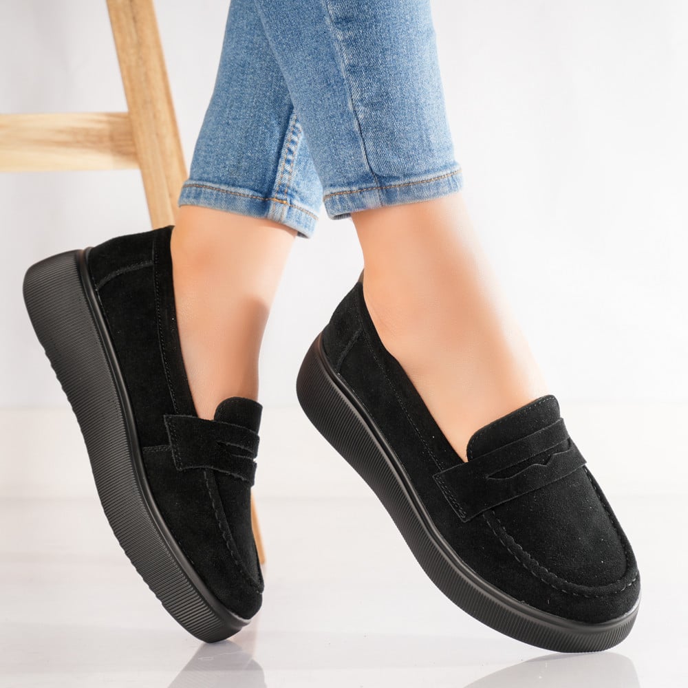 Pantofi dama casual Negri din Piele Naturala Intoarsa Temia - poza 1