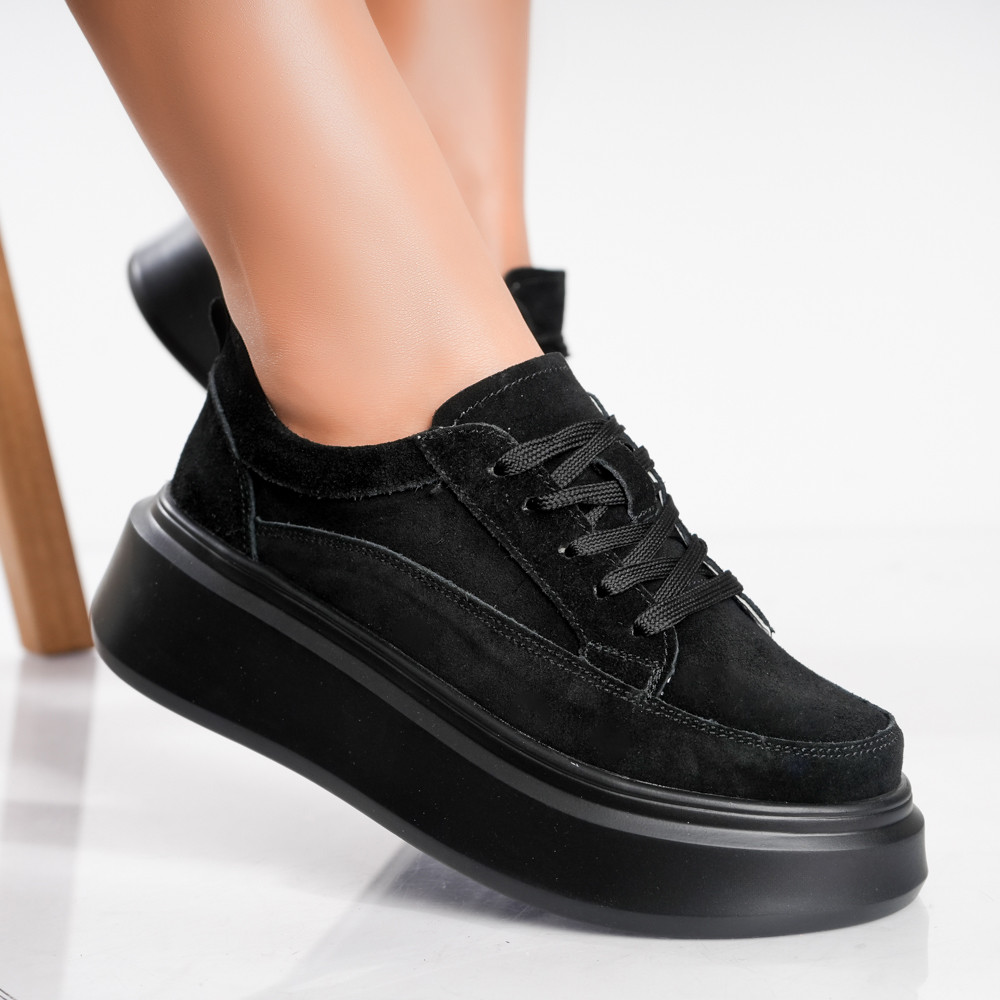 Pantofi dama casual Negri din Piele Naturala Intoarsa Toega - poza 1