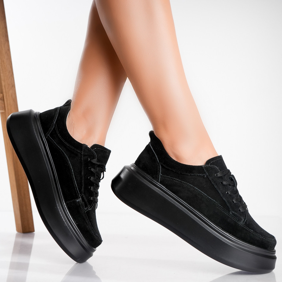 Pantofi dama casual Negri din Piele Naturala Intoarsa Toega - poza 2