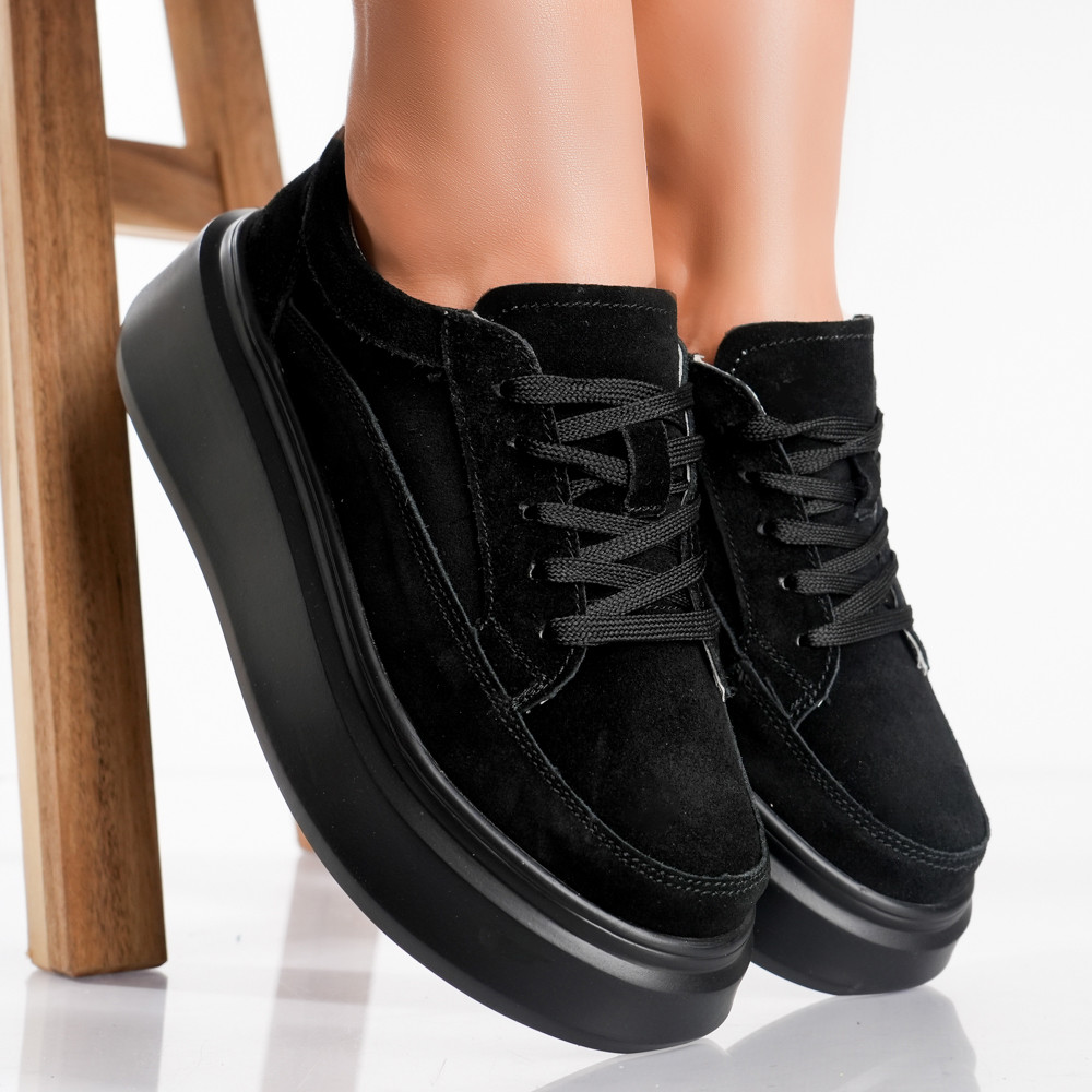 Pantofi dama casual Negri din Piele Naturala Intoarsa Toega - poza 3