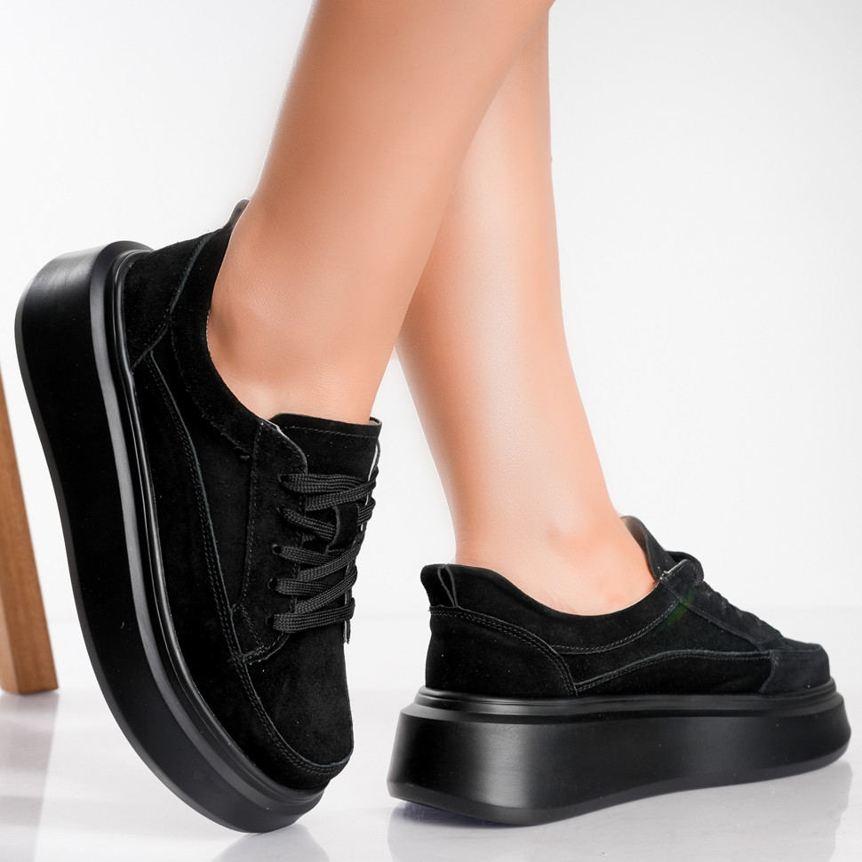 Pantofi dama casual Negri din Piele Naturala Intoarsa Toega - poza 4
