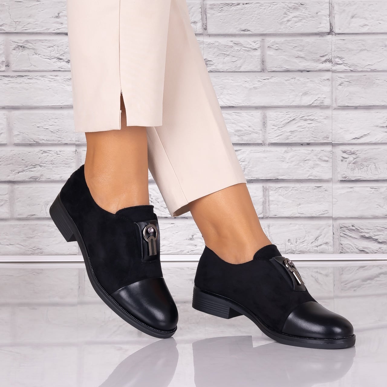 Pantofi dama casual Negri piele ecologica Intoarsa Pietrina - poza 1