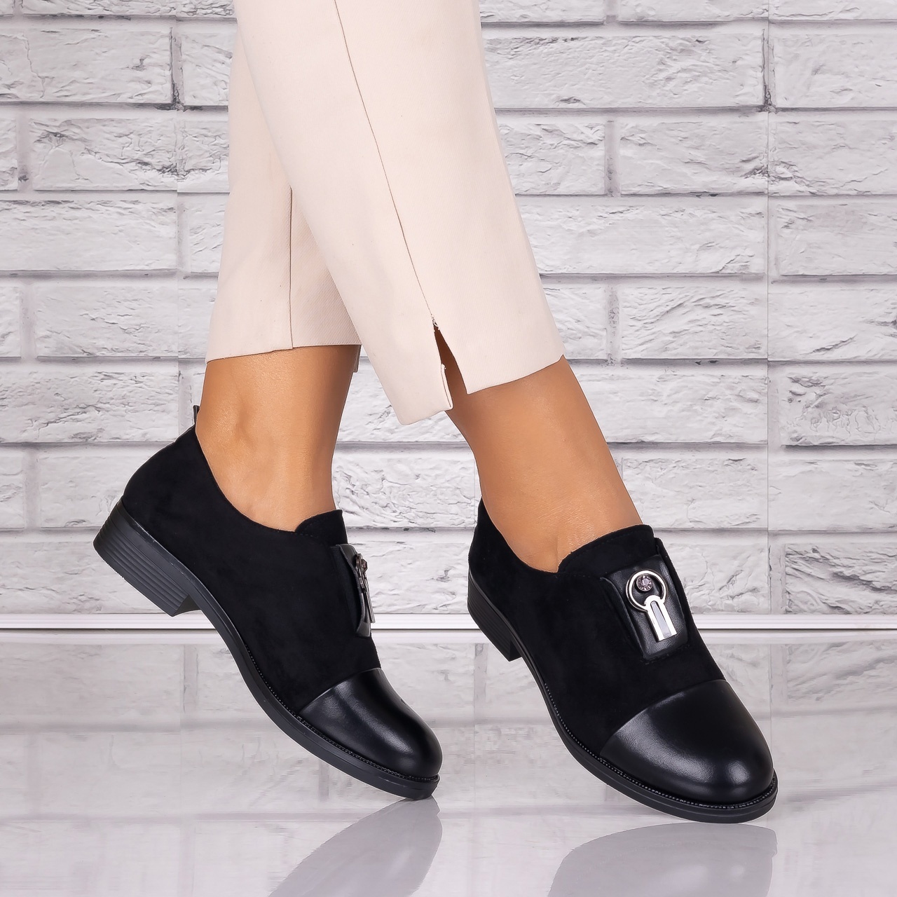 Pantofi dama casual Negri piele ecologica Intoarsa Pietrina - poza 2