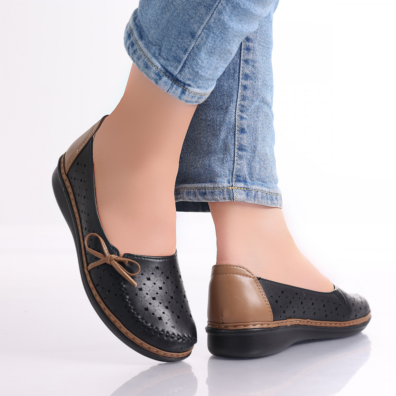 Pantofi dama casual Negru/Kaki din Piele Ecologica Norte - poza 3