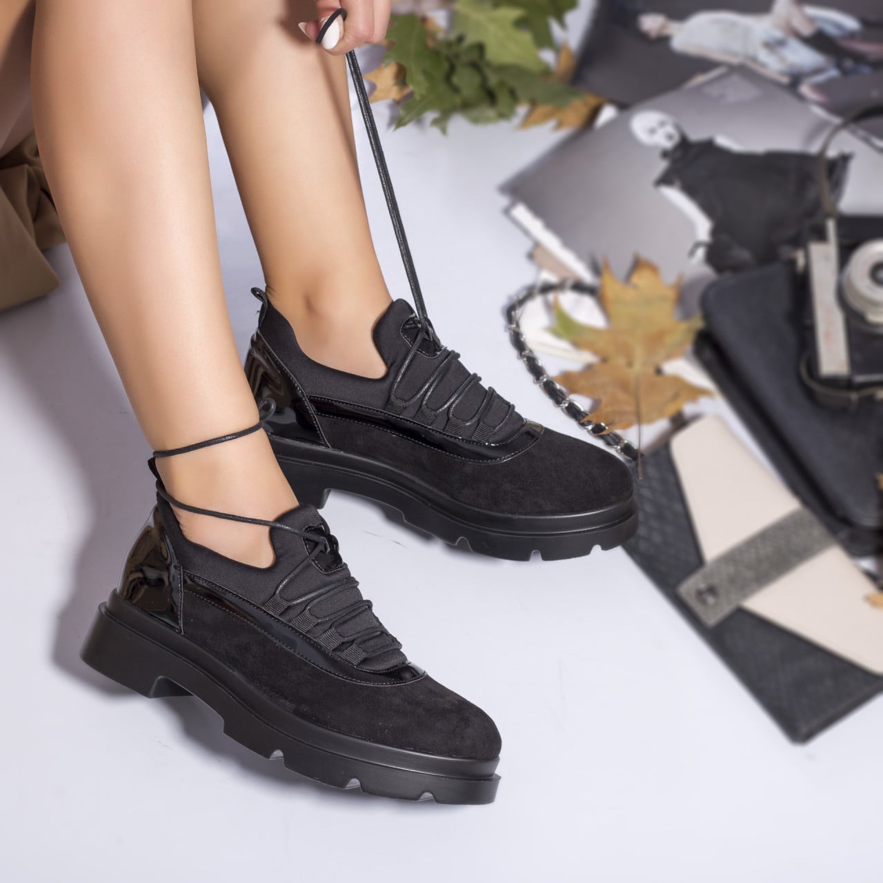 Pantofi dama casual piele ecologica intoarsa valencya negru - poza 1