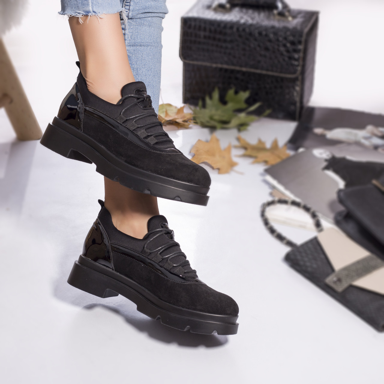 Pantofi dama casual piele ecologica intoarsa valencya negru - poza 3