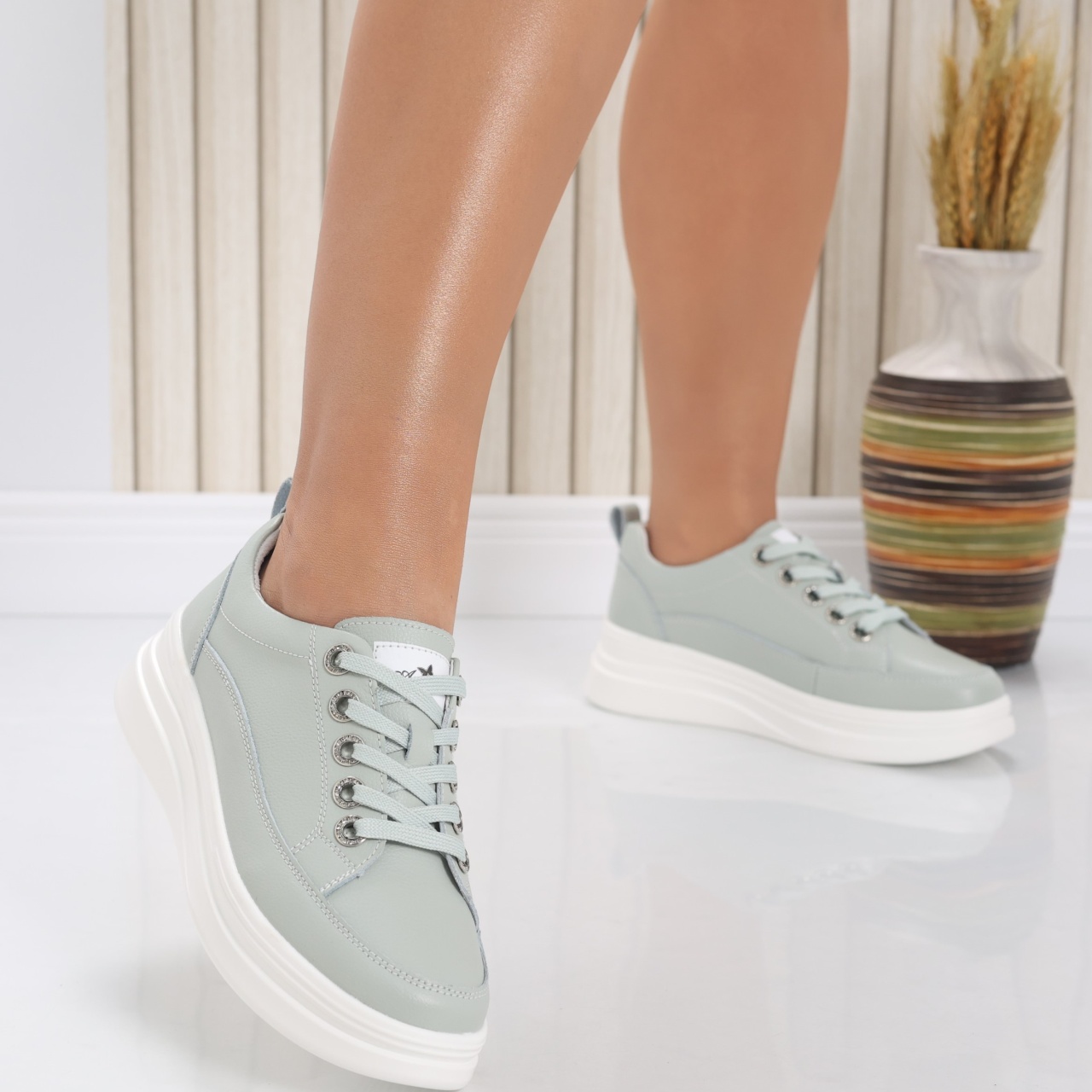 Pantofi dama casual Verde Menta din Piele Naturala Hory - poza 2