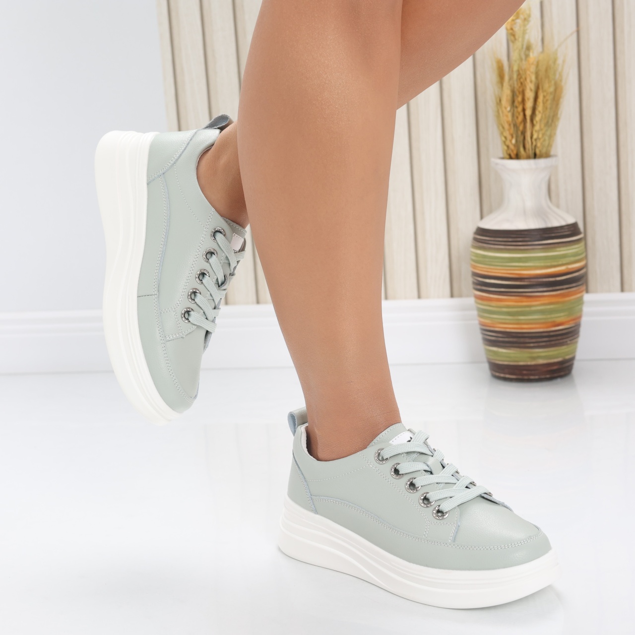 Pantofi dama casual Verde Menta din Piele Naturala Hory - poza 3