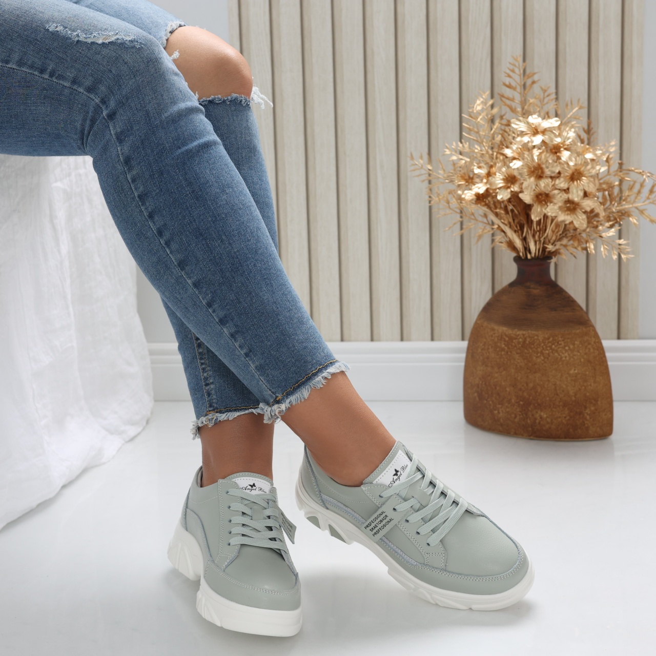 Pantofi dama casual Verde Menta din Piele Naturala Mika - poza 1