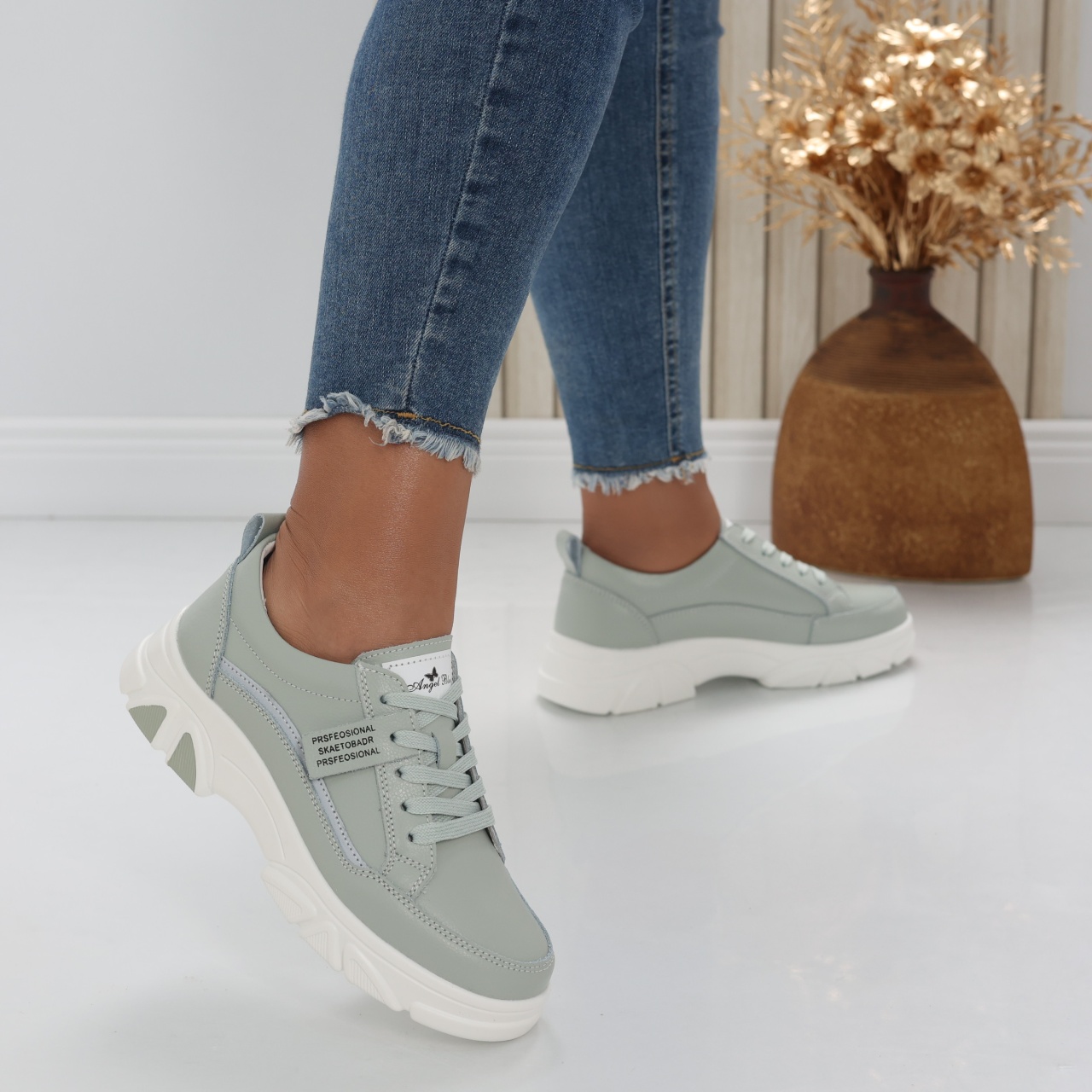Pantofi dama casual Verde Menta din Piele Naturala Mika - poza 2