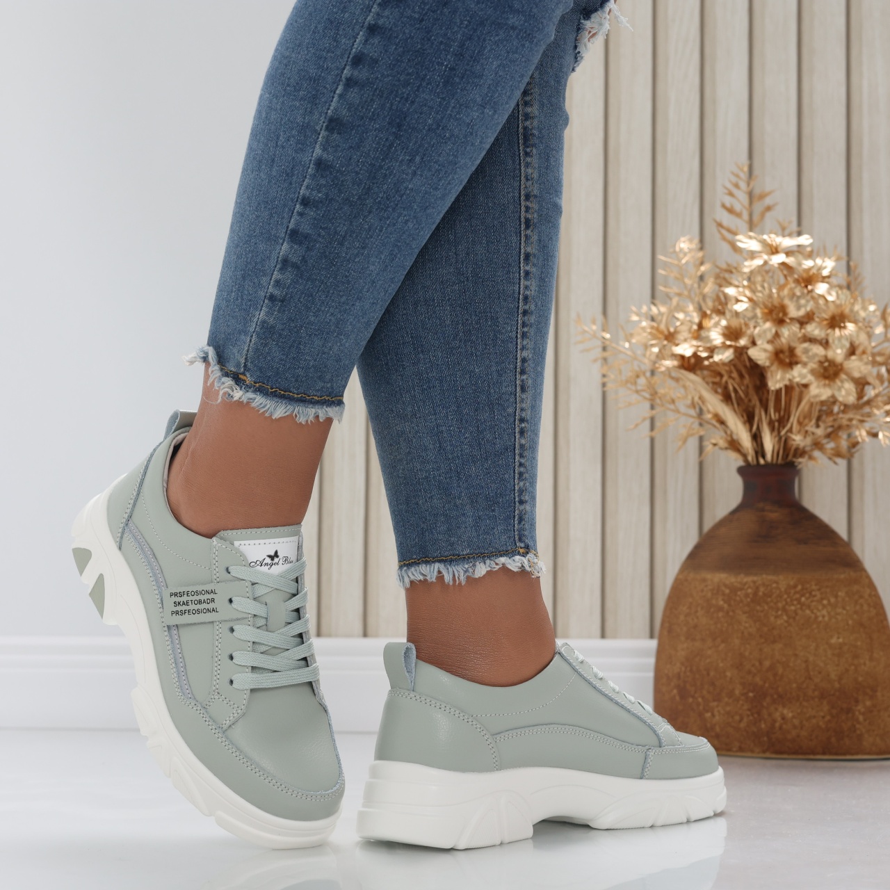 Pantofi dama casual Verde Menta din Piele Naturala Mika - poza 3