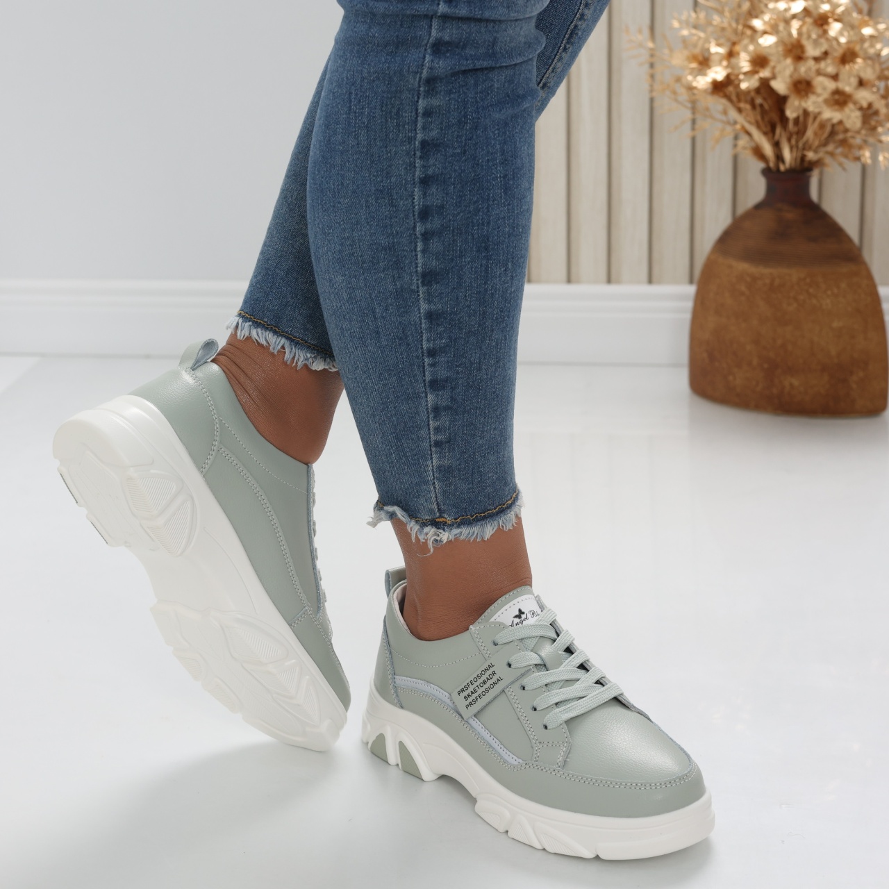 Pantofi dama casual Verde Menta din Piele Naturala Mika - poza 4