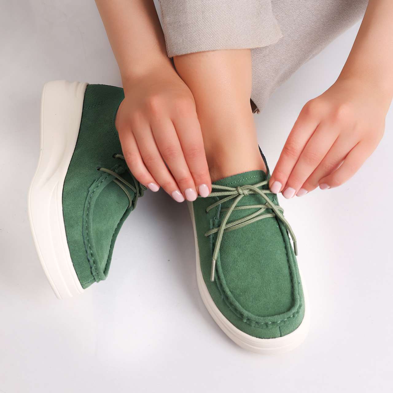 Pantofi dama casual Verzi din Piele Naturala Intoarsa Derina - poza 1