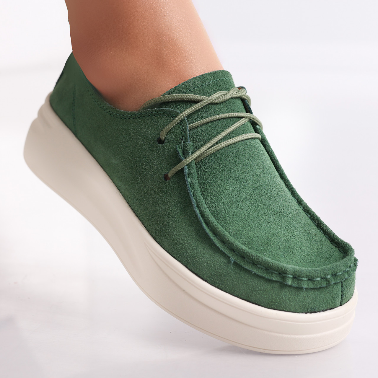 Pantofi dama casual Verzi din Piele Naturala Intoarsa Derina - poza 2