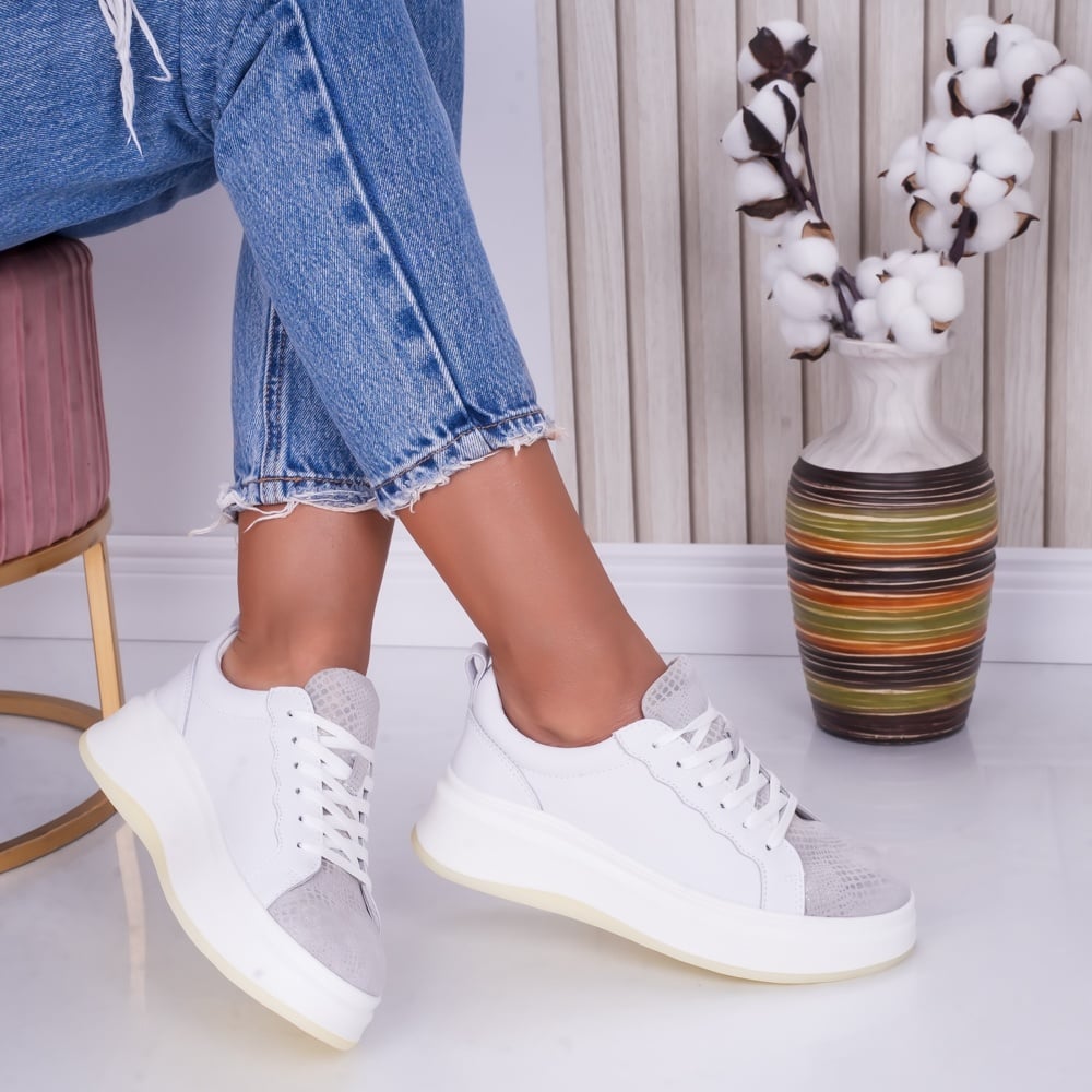 Pantofi dama casual White Silver din Piele Naturala Lizy - poza 1
