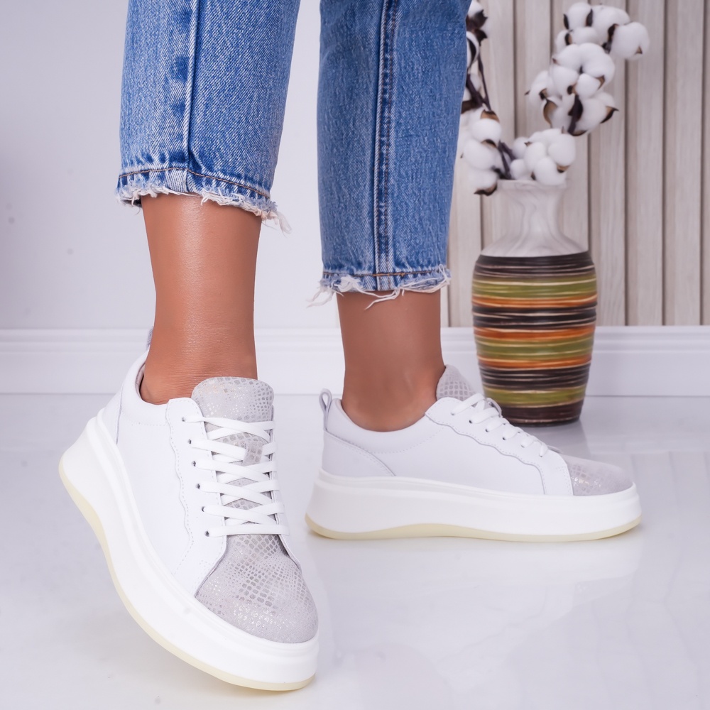 Pantofi dama casual White Silver din Piele Naturala Lizy - poza 2