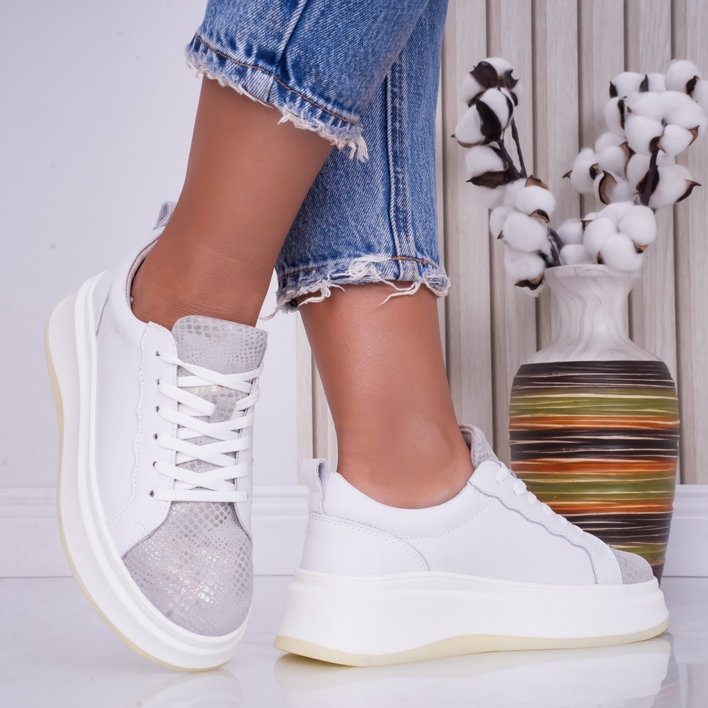 Pantofi dama casual White Silver din Piele Naturala Lizy - poza 3