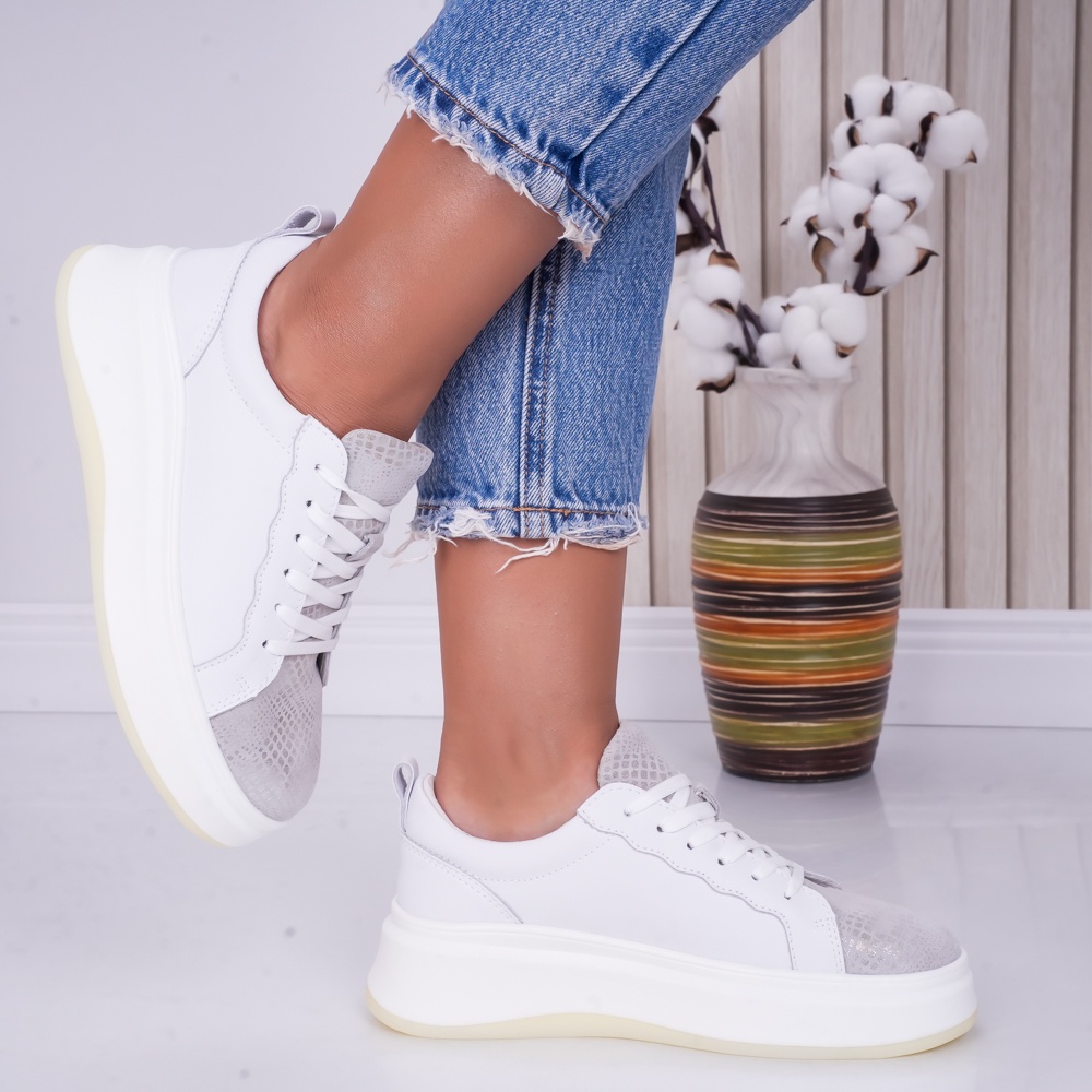 Pantofi dama casual White Silver din Piele Naturala Lizy - poza 4