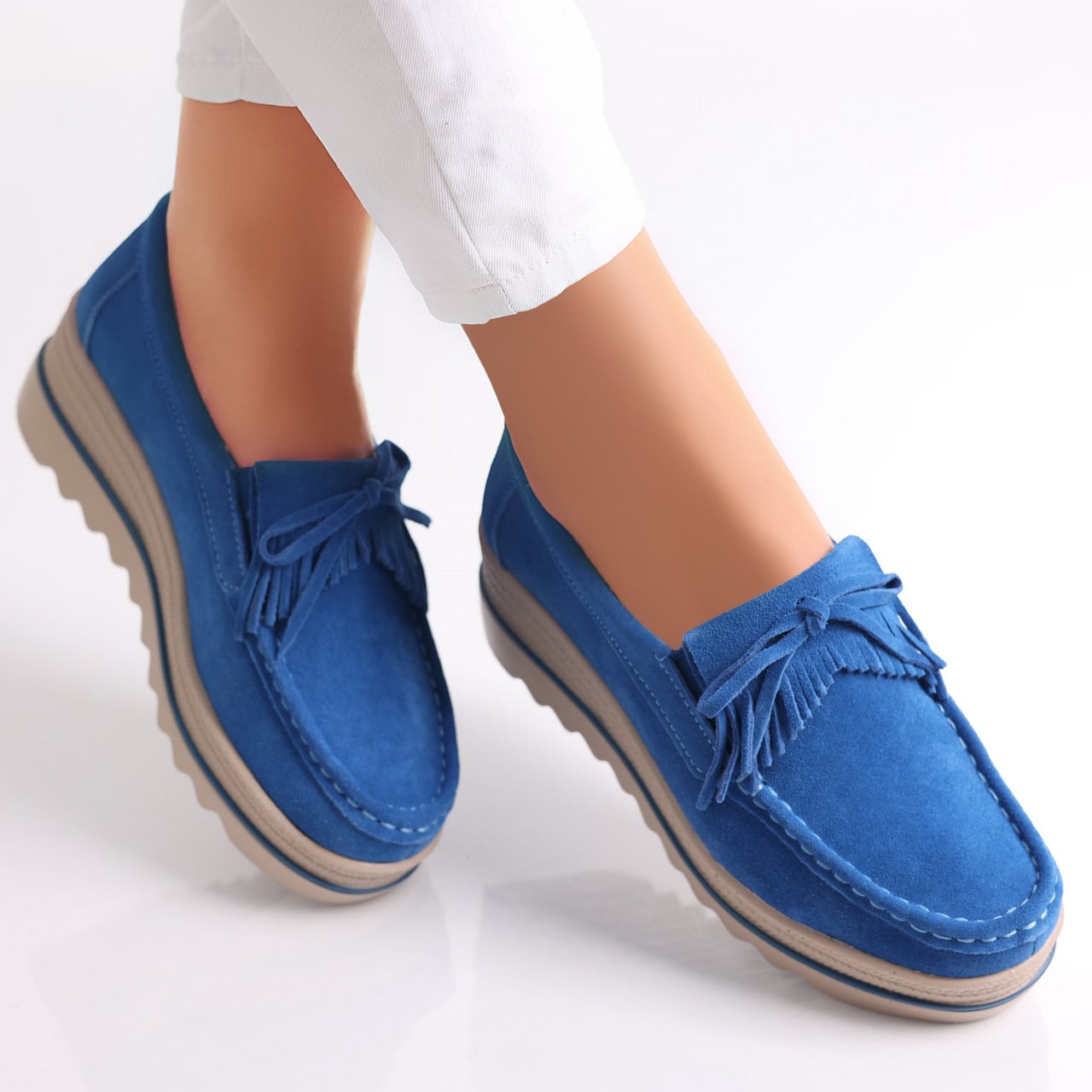 Pantofi dama cu platforma Albastri din Piele Naturala Intoarsa Asion - poza 1