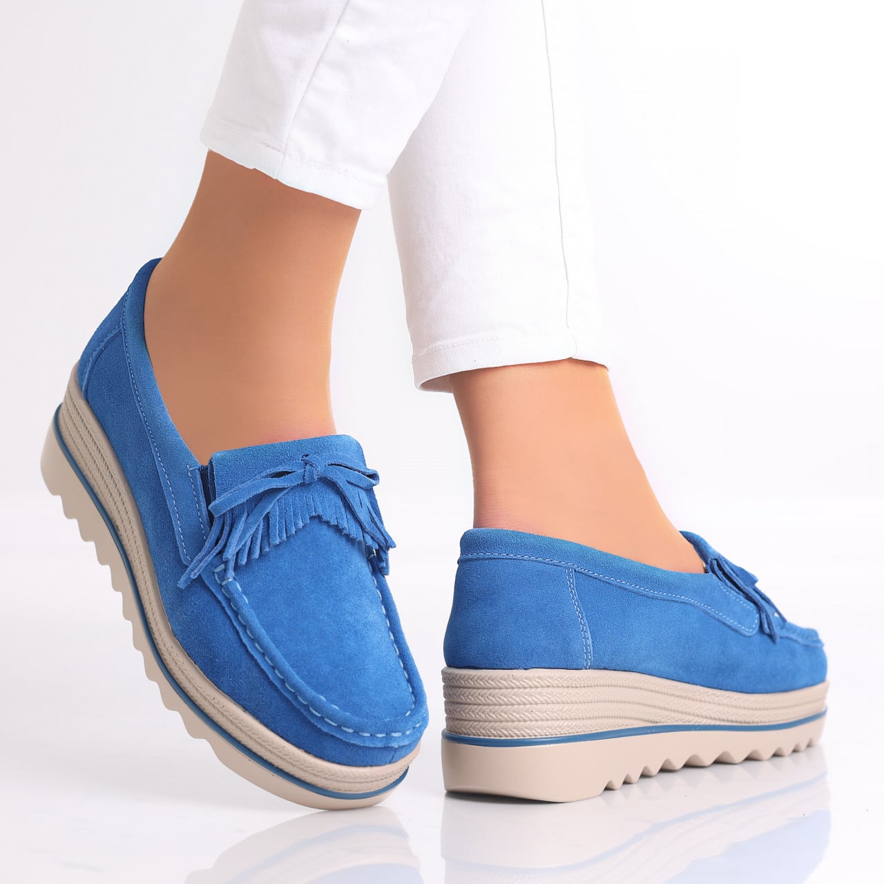 Pantofi dama cu platforma Albastri din Piele Naturala Intoarsa Asion - poza 3