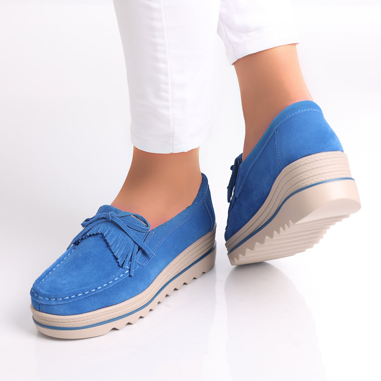 Pantofi dama cu platforma Albastri din Piele Naturala Intoarsa Asion - poza 4
