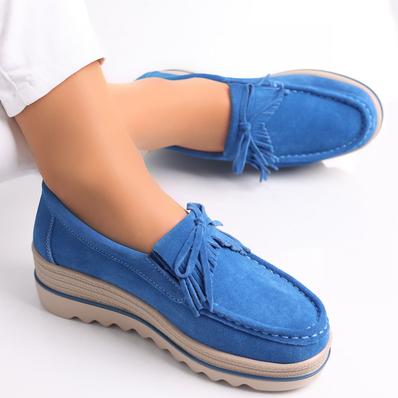 Pantofi dama cu platforma Albastri din Piele Naturala Intoarsa Asion - poza 5