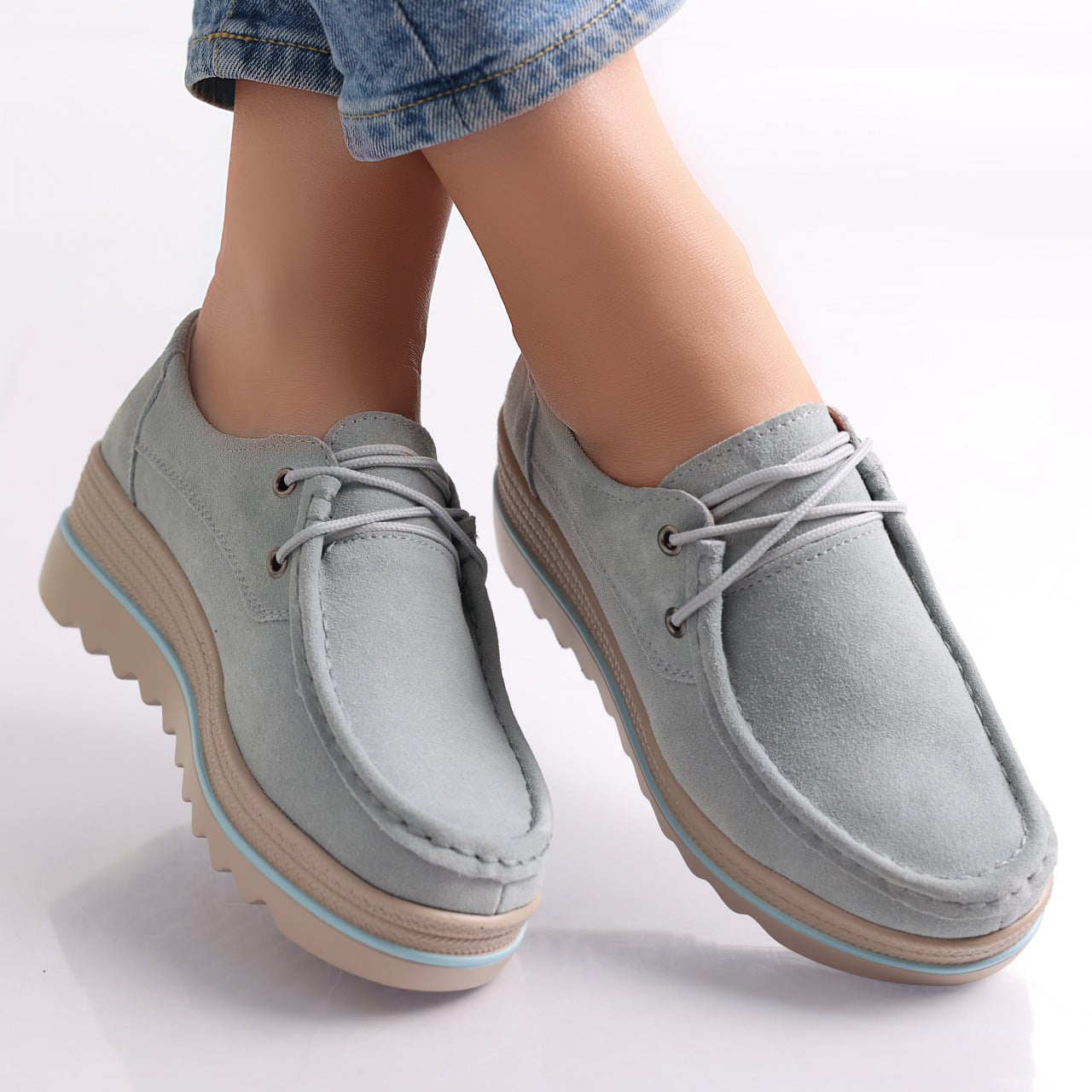Pantofi dama cu platforma Albastri din Piele Naturala Intoarsa Calvi - poza 1