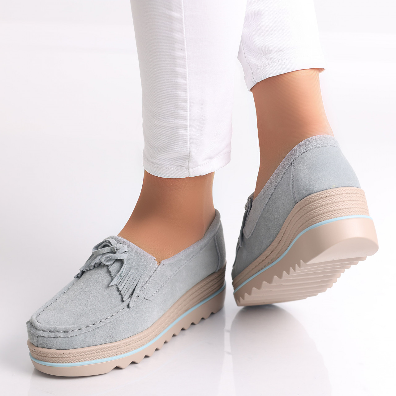 Pantofi dama cu platforma Albastri dischis din Piele Naturala Intoarsa Asion - poza 4