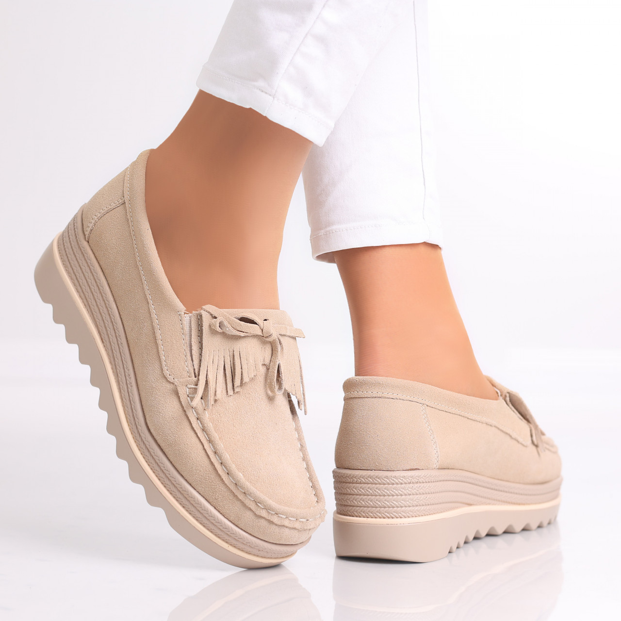 Pantofi dama cu platforma Bej din Piele Naturala Intoarsa Asion - poza 3