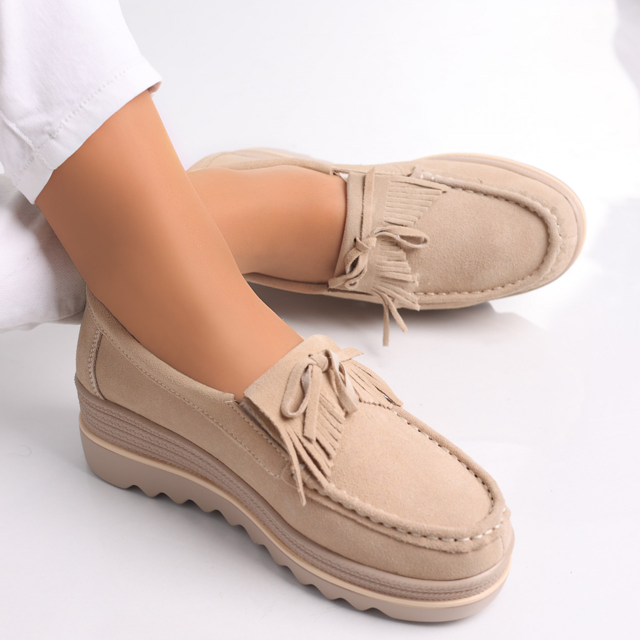 Pantofi dama cu platforma Bej din Piele Naturala Intoarsa Asion - poza 5