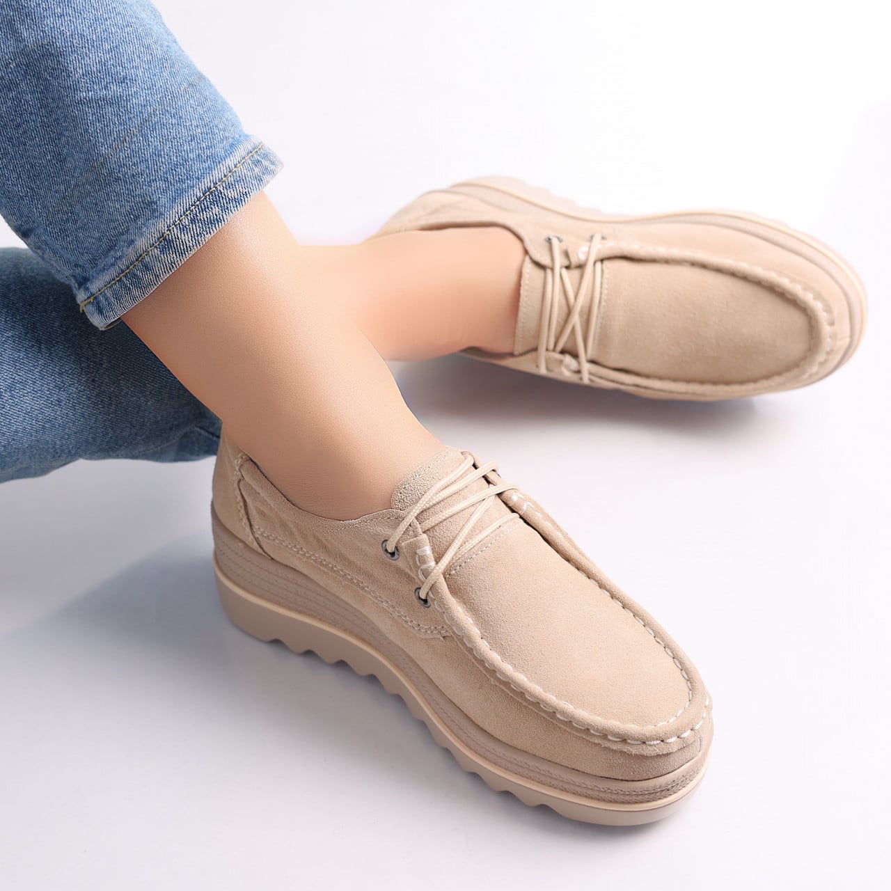Pantofi dama cu platforma Bej din Piele Naturala Intoarsa Calvi - poza 5