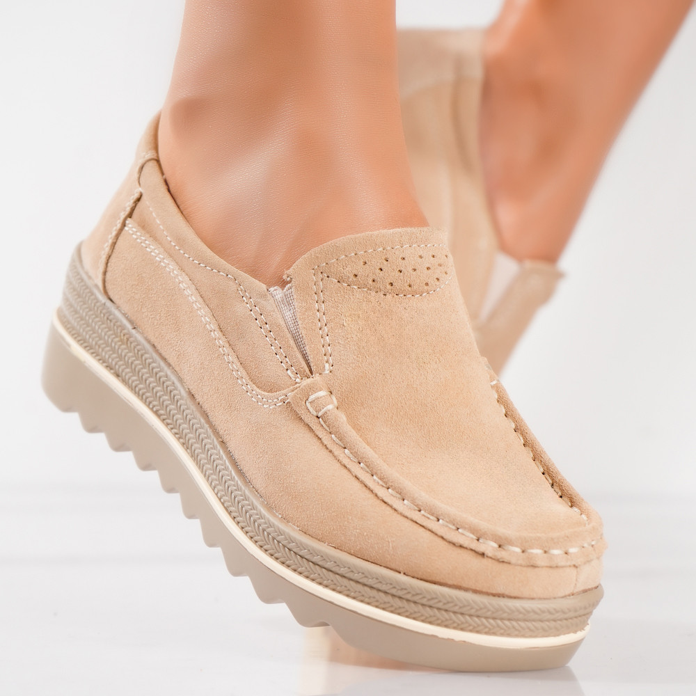 Pantofi dama cu platforma Bej din Piele Naturala Intoarsa khadye - poza 1